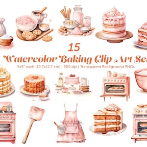 Watercolor Baking Clipart PNG Bundle Set, Baking Supplies, Home Bakery Logo, Cookie Baking, Culinary Clipart Set, Bakery Clip art Bundle
