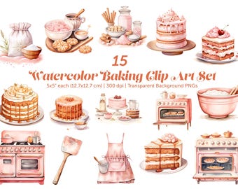 Aquarell Backen Clipart PNG Bundle-Set, Backzubehör, Hausbäckerei Logo, Cookie Backen, Kulinarisches Clipart Set, Bäckerei Clip Art Bundle