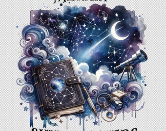 May include: A watercolor illustration of a night sky with stars, a crescent moon, a shooting star, and a constellation. A closed book with a celestial design is in the foreground, along with a telescope and a pocket watch. The text "MIDNIGHT SKYWATCHERS" is at the top and bottom of the image.