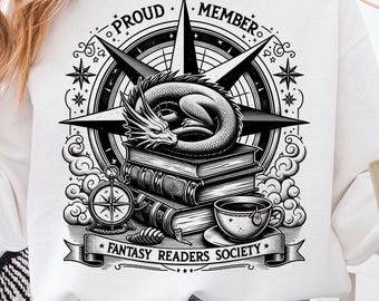 May include: White sweatshirt with a black and white graphic. The graphic features a dragon curled on top of books, a compass, and the text "PROUD MEMBER" and "FANTASY READERS SOCIETY".