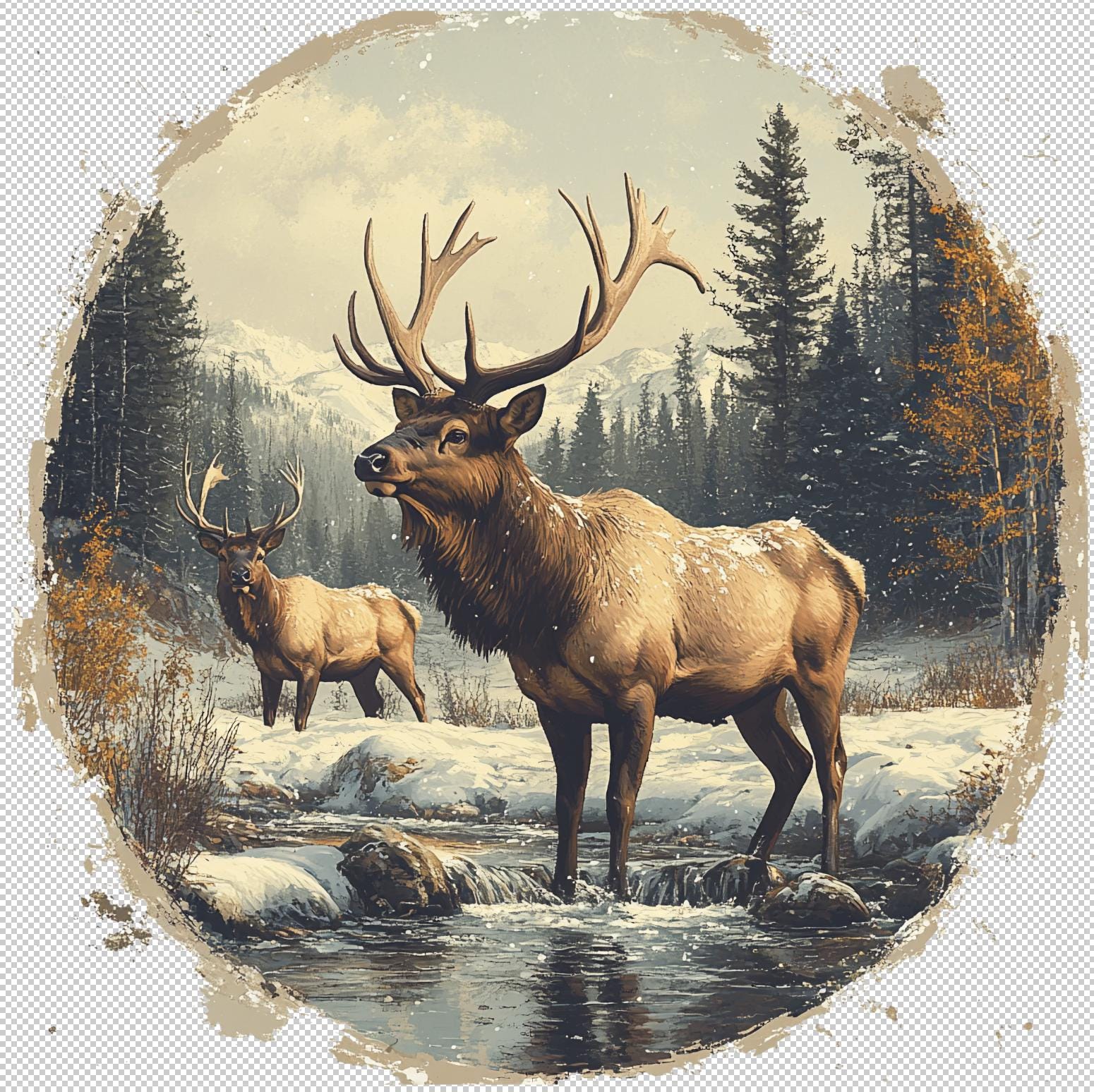 Elk Railing Scene Retro Y2K Elk Wilderness Scene PNG, Nineties Vintage Elk Deer Boho 90s ...