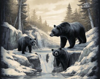 May include: Three black bears in a snowy forest setting. The bears are standing on rocks near a waterfall. The largest bear is standing on a rock in the middle of the image, while the other two bears are standing on rocks to the left and right of the waterfall.