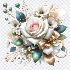 Gold Rose Floral clipart, White Flowers PNG Set, Wedding Invitation clip art, Rose Glam Garden Bridal Shower Sublimation