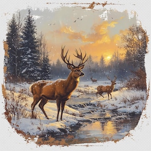 May include: A winter landscape painting featuring three deer in a snowy forest. The deer have large antlers and stand near a stream reflecting the sunset. The sky is a mix of orange and yellow, with snow falling.