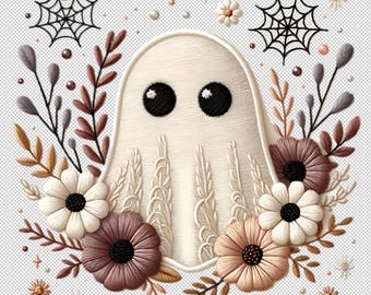 Kunstgarn Geist PNG, Boho Blumen gewebter Kreuzstich Halloween Png Sublimationsdesign Halloween Blumen Herbst Geist Shirt digitaler Download