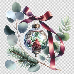 Adorno navideño verde granate PNG Clipart, descarga digital navideña, clipart de acuarela imprimible, diario basura, manualidades de papel, tarjeta