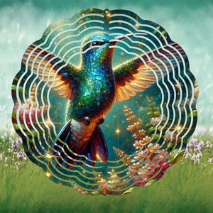 Hummingbird Sparkle Wind Spinner Sublimation Design Template | Rainbow Bird 12 inch Round Hanging Garden Design PNG JPG | Commerical Use