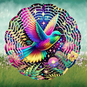 Hummingbird Sparkle Wind Spinner Sublimation Design Template | Rainbow Bird 12 inch Round Hanging Garden Design PNG JPG | Commerical Use