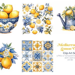 Lot de carreaux méditerranéens, clipart citrons aquarelle, carreaux de céramique azulejos portugais, lot d'été, papier numérique bleu