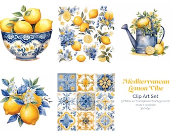 Mittelmeer Fliesen Bündel, Aquarell Zitronen Clipart, portugiesische Azulejo Keramikfliesen, Sommer Bündel, blaues digitales Papier