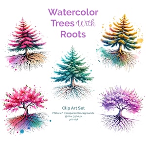 PNG Watercolor Tree with Roots Clipart, Forest Tree Scrapbooking Set, Family Tree Bundle, Nature Seasonal Sublimation Commercial Use Designs