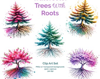 PNG Watercolor Tree with Roots Clipart, Forest Tree Scrapbooking Set, Family Tree Bundle, Nature Seasonal Sublimation Commercial Use Designs