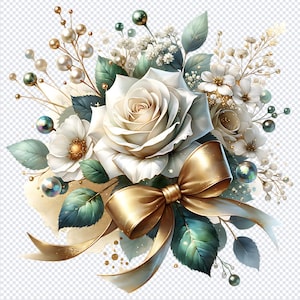 Gold Rose Floral clipart, White Flowers PNG Set, Wedding Invitation clip art, Rose Glam Garden Bridal Shower Sublimation