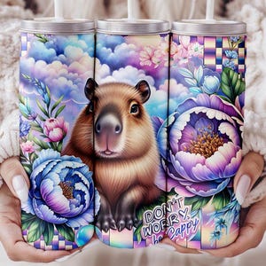 Cute Capybara Tumbler Wrap, Be Happy 20 Oz Sublimation Tumbler Png, Don&#39;t Worry Be Cappy Positivity Tumbler Wrap Digital Design