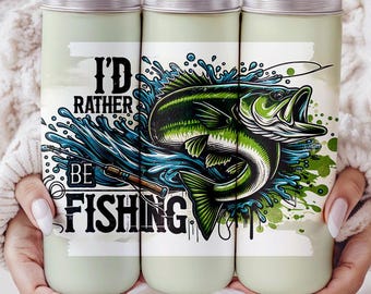 May include: Three stainless steel tumblers with a green, blue, and white design featuring a largemouth bass fish jumping out of the water. The tumblers have the text "I'd rather be fishing" printed on them.