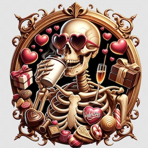 Valentine&#39;s Coffee Skeleton Clip Art PNG | Champagne Dead Inside Anti Valentine Galentines Cartoon | Instant Download Sublimation Design
