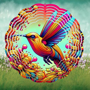 Hummingbird Sparkle Wind Spinner Sublimation Design Template | Rainbow Bird 12 inch Round Hanging Garden Design PNG JPG | Commerical Use