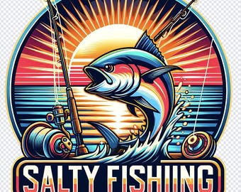 May include: A colorful illustration of a fish jumping out of the water with a fishing rod and reel in the background. The text "Salty Fishing Life" is displayed below the image.