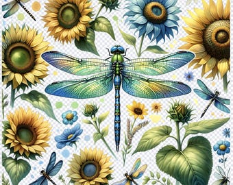 PNG Floral Libelle Sonnenblumen Clip Art, Frühling Sommer Floral Sublimation Design, Damselfly Natur druckbare sofortiger digitaler Download