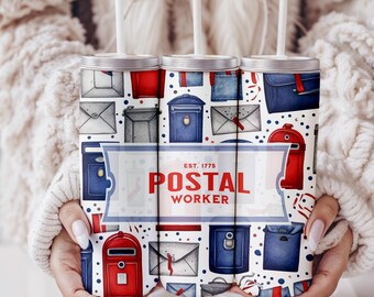 May include: Three stainless steel tumblers with a white background and a pattern of red and blue mailboxes, envelopes, and stamps. The tumblers have lids and straws. The text "EST. 1775 POSTAL WORKER" is printed on the tumblers.