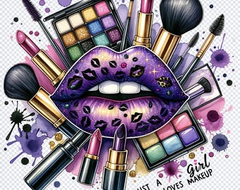 Puede incluir: Un pintalabios morado y negro con purpurina y un diseño de estampado de leopardo. Alrededor del pintalabios hay varios artículos de maquillaje, incluyendo paletas de sombras de ojos, pinceles y máscara de pestañas. El texto "Just a girl who loves makeup" está escrito en blanco sobre un fondo negro.