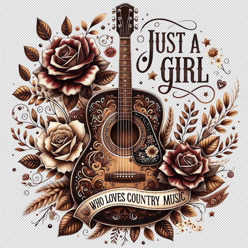 Puede incluir: Una guitarra ac&uacute;stica marr&oacute;n con intrincados dise&ntilde;os florales y una pancarta que dice "Who Loves Country Music". La guitarra est&aacute; rodeada de rosas marrones y hojas. El texto "Just a Girl" est&aacute; escrito en una fuente decorativa sobre la guitarra.