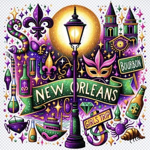 NOLA ニューオーリンズ ガールズ トリップ PNG、マルディグラ昇華デザイン、バーボン ストリート、デジタル ダウンロード、ハッピー マルディグラ、フルール ド リス 商用利用