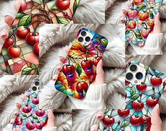 5 BUNDLE Phone Case Stained Glass Png, Cherries Sublimation PNG for Phone, Digital Cherry Design for Phone Cases, Digital Image Only