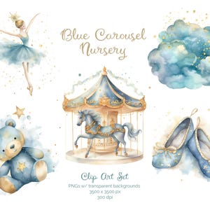 Clipart carrousel bleu aquarelle, graphique magique ballerine lunatique, poney carrousel vintage, chambre de bébé, baby shower, nuage