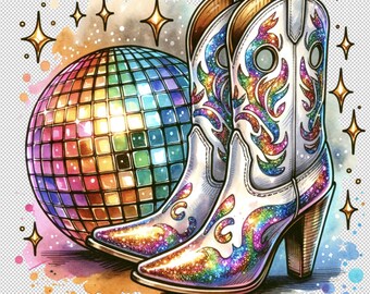 Y2K Retro Rainbow Disco Ball PNG Cowboy Boots NYE, Cowgirl New Years Eve Party, Glitter Cowgirl Heels Western Sublimation Commercial Use