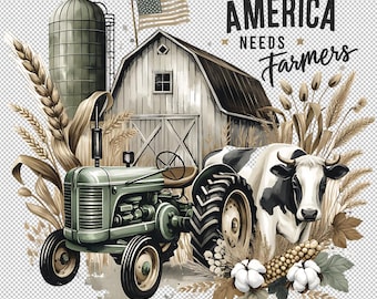 Paquete de imágenes PNG "America Needs Farmers", tractor, vaca, temática del Medio Oeste (descarga digital)