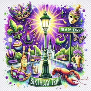 誕生日旅行 Nola PNG、マルディグラ昇華 PNG デザイン、Nola PNG、ニューオーリンズ女子旅行、デジタル ダウンロード、ハッピー マルディグラ、フルール ド リス
