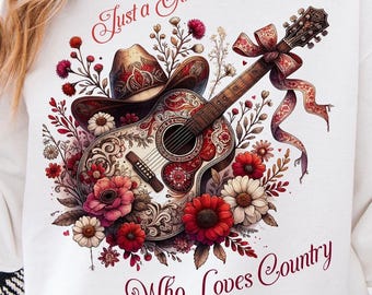 Una chica que ama la música country PNG, música country sureña sublimada, lazo, diseño de camiseta western, sudadera carmesí y crema
