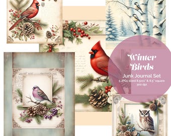 Junk Journal Vinterfåglar Botaniska Kit, Kardinaluggla Mejsafink - Botaniska Julutskrifter - Fågel Ephemera Digital Nedladdning JPG