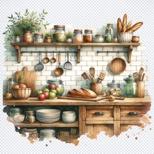 PNG Vintage Rustic Farmhouse Kitchen, Kitchen Plant Shelves Pantries, Watercolor Instant Download, Junk Journal Scrapbooking Commercial Use