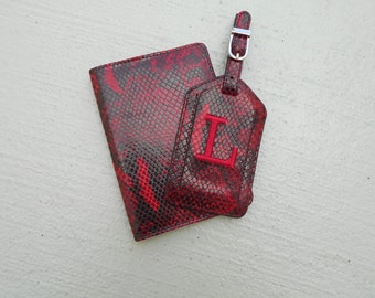 Leather Passport Cover and Luggage Tag in Red Python Style