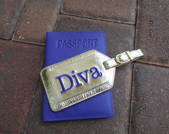 Leather Passport Cover and Luggage Tag in Purple and Gold