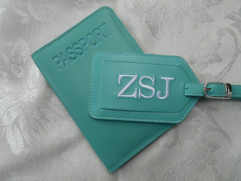 Leather Passport Cover with Personalized Leather Luggage Tag in Turqoise