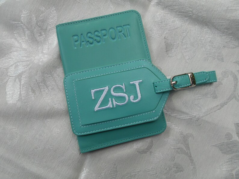 Leather Passport Cover with Personalized Leather Luggage Tag in Turqoise