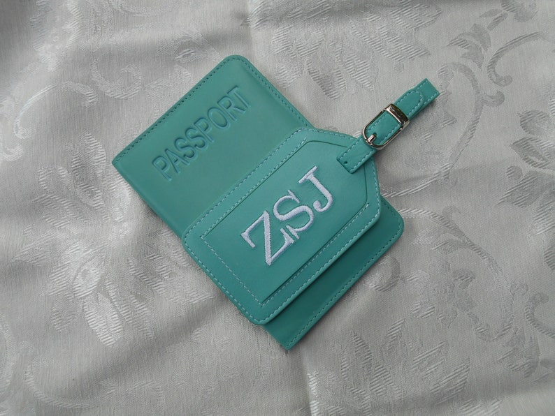 Leather Passport Cover with Personalized Leather Luggage Tag in Turqoise