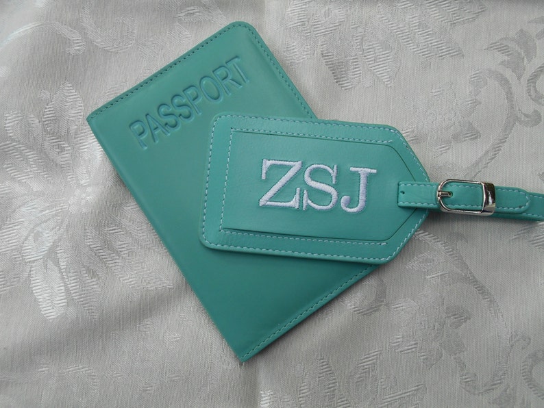 Leather Passport Cover with Personalized Leather Luggage Tag in Turqoise