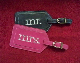 Mr. and Mrs. Luggage Tags with Lowercase Block Font