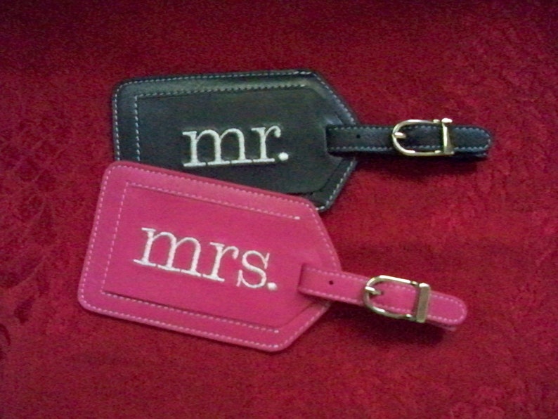 Mr. and Mrs. Luggage Tags with Lowercase Block Font image 1