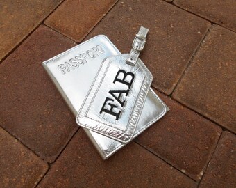 Leather Passport Cover and Luggage Tag in Metallic Silver