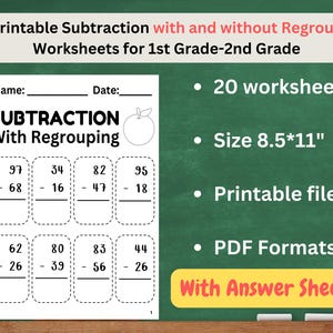 20 Pages Printable PDF Subtraction 2-Digit With and Without Regrouping Worksheets with Answer Sheets, 1st Grade 2nd Grade Math Practice