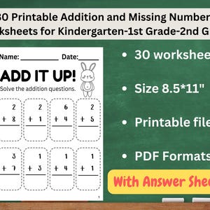 30 Printable Basic Math Addition and Missing Addends up to 10 worksheets for Kindergarten-1st Grade-2nd Grade Math. Addition worksheet