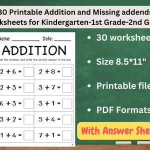 30 Printable Basic Math Addition and Missing Addends up to 10 worksheets for Kindergarten-1st Grade-2nd Grade Math. Addition worksheet