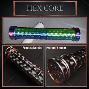 May include: The image showcases a product labeled "HEX CORE." It features a cylindrical design with a hexagonal pattern. The top section displays a gradient of colors, transitioning from purple to green and blue. Two additional product renders are shown in black and copper.