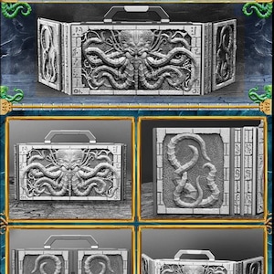 Puede incluir: Una pantalla de máster de juego gris de tres paneles con asa, que presenta un relieve detallado de una criatura parecida a un pulpo y tentáculos. El texto "ELDRITCH AWAKENING" está en la parte superior. El diseño es intrincado y temático.
