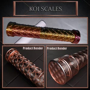 May include: A cylindrical object with a repeating koi scale pattern in shades of gold, red, and bronze. The text "KOI SCALES" is displayed at the top. Two additional product renders are shown below, highlighting the design.